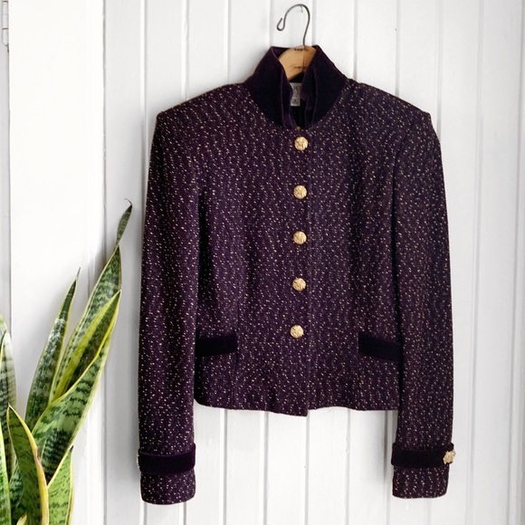 Purple Tweed Knit Velvet Blazer Jacket 